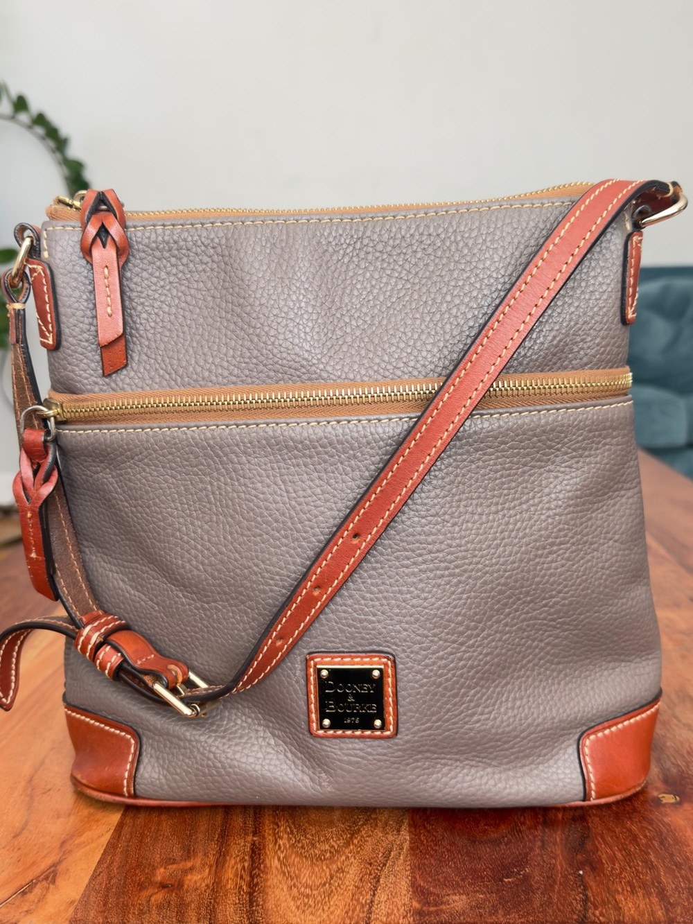 Vintage Dooney & Bourke Gray Leather Crossbody with Brown Trim